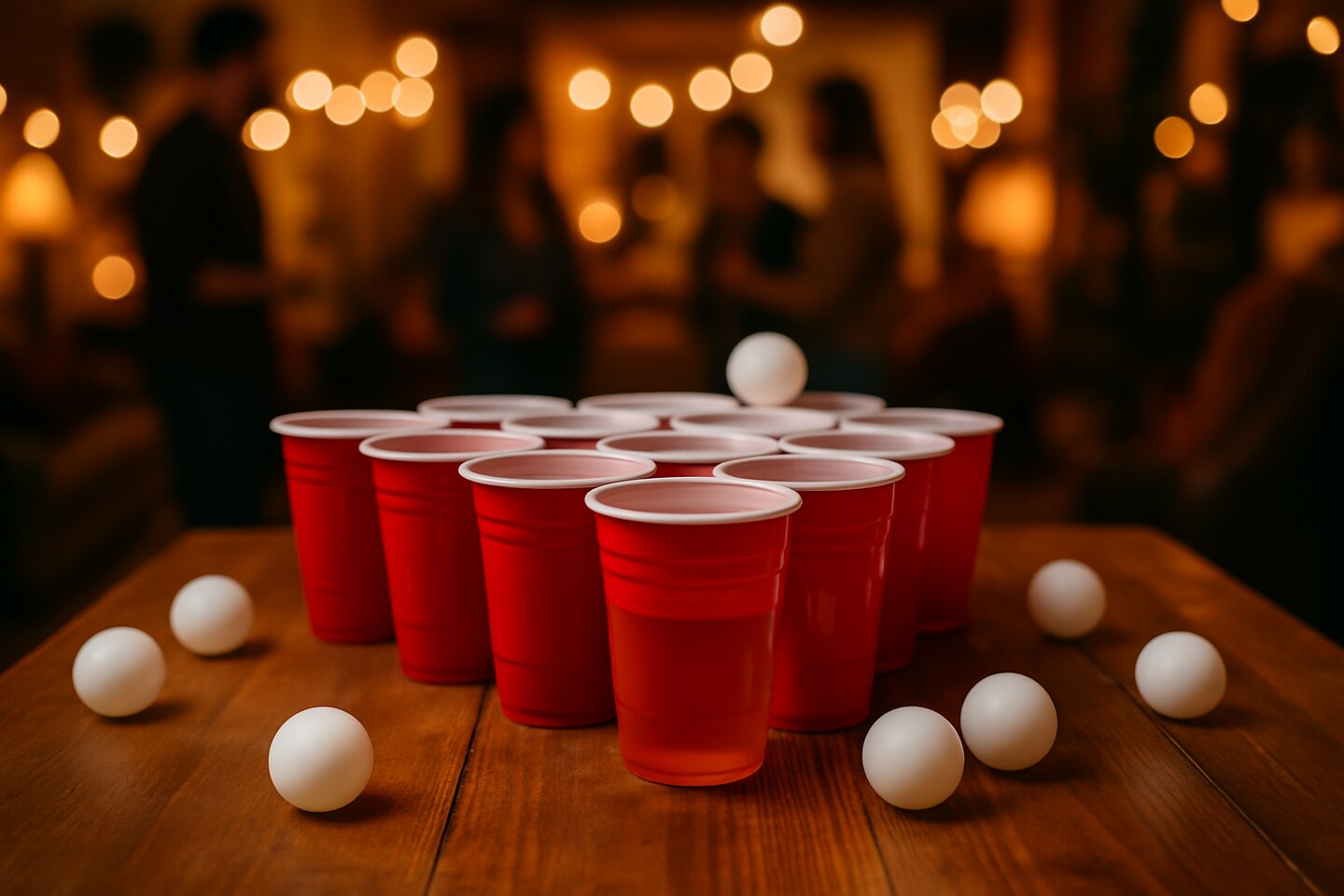 Beer pong set met rode bekers in een driehoek en pingpongballen op een tafel